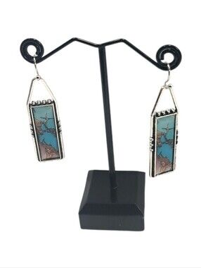 Turquoise Look Marbled Matrix Geometric Silver Tone Dangle Earrings NWT